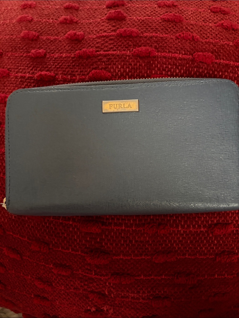 Furla Navy Blue Zip-Around Long Wallet with Gold Plaque
